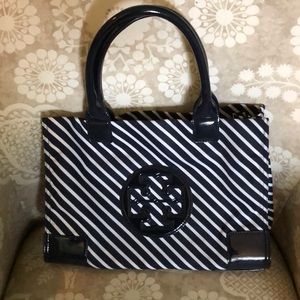 Tory Burch Ella Navy Patent Leather Trim Tote